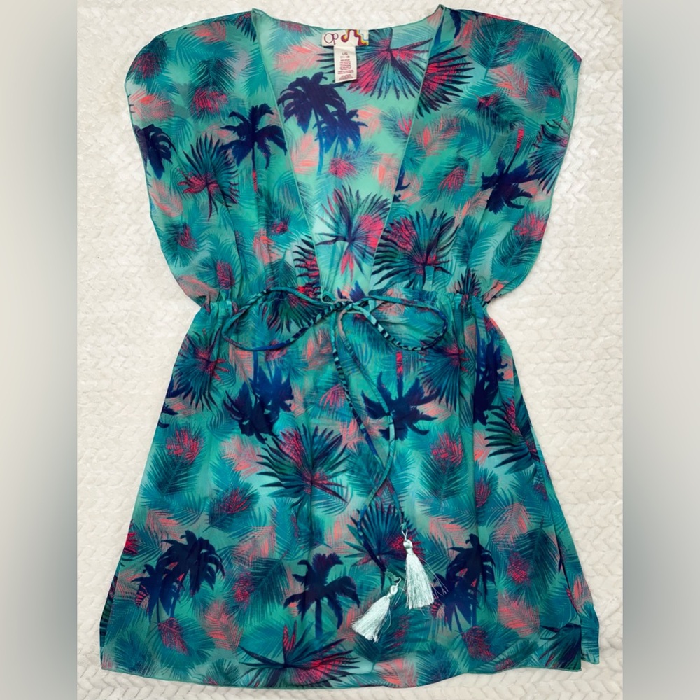 OP Turquoise Pink Swim Cover Up Size 11/12 Tassel Tie Tropical Print Beachy